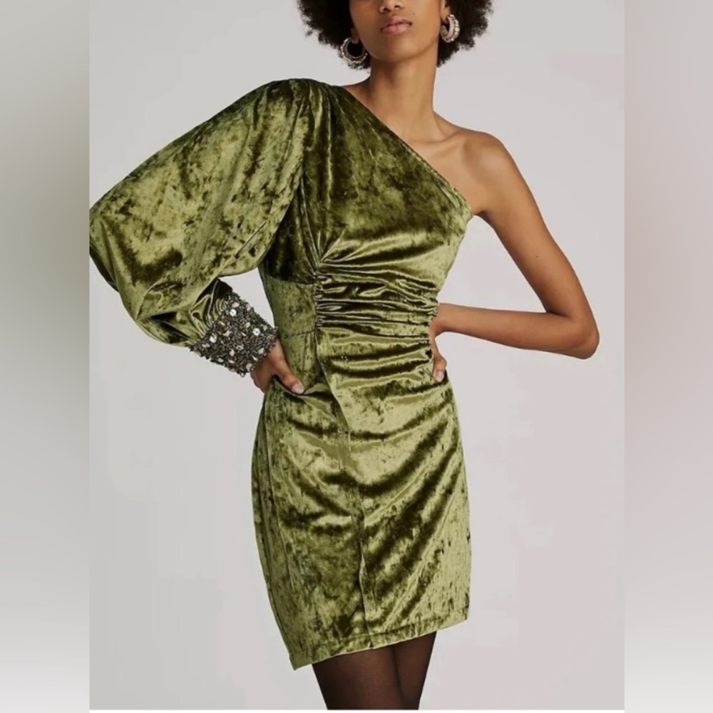 Anthropologie Nirmooha Olive Green Velvet Beaded One Shoulder Mini Dress 10